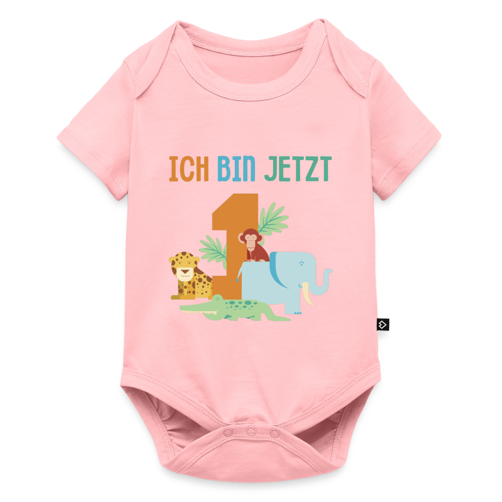Baby Bio-Kurzarm-Body "Ich bin jetzt 1" (Tiermotiv) - Rosa