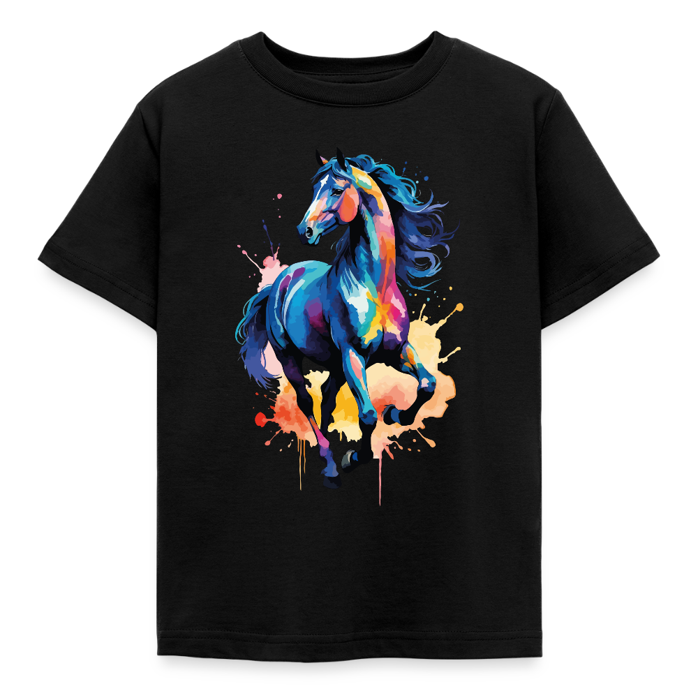Kinder T-Shirt "Blaues Wasserfarben Pferd" - Schwarz