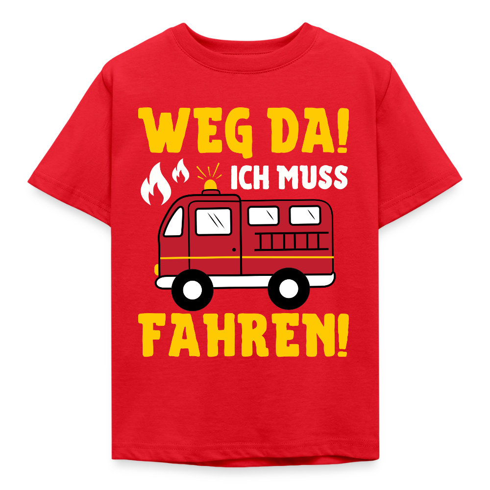 Kinder T-Shirt "Weg da! Ich muss fahren!" (Feuerwehr-Motiv) - Rot