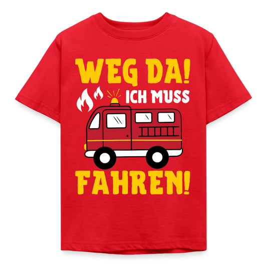 Kinder T-Shirt "Weg da! Ich muss fahren!" (Feuerwehr-Motiv) - Rot