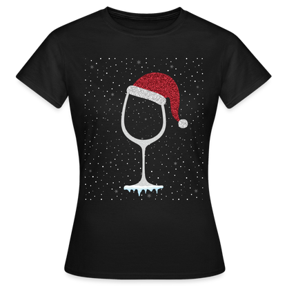 Frauen T-Shirt "Weinglas mit Weihnachtsmütze" - Schwarz