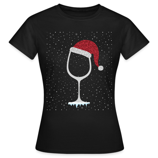 Frauen T-Shirt "Weinglas mit Weihnachtsmütze" - Schwarz