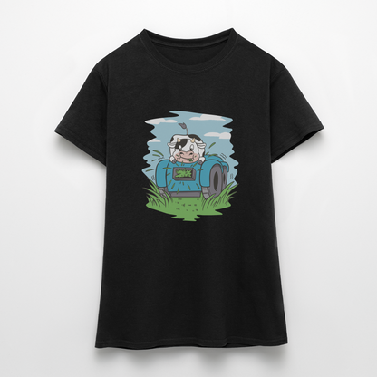 Frauen Bio-T-Shirt "Kuh mit Rasenmäher" - Schwarz