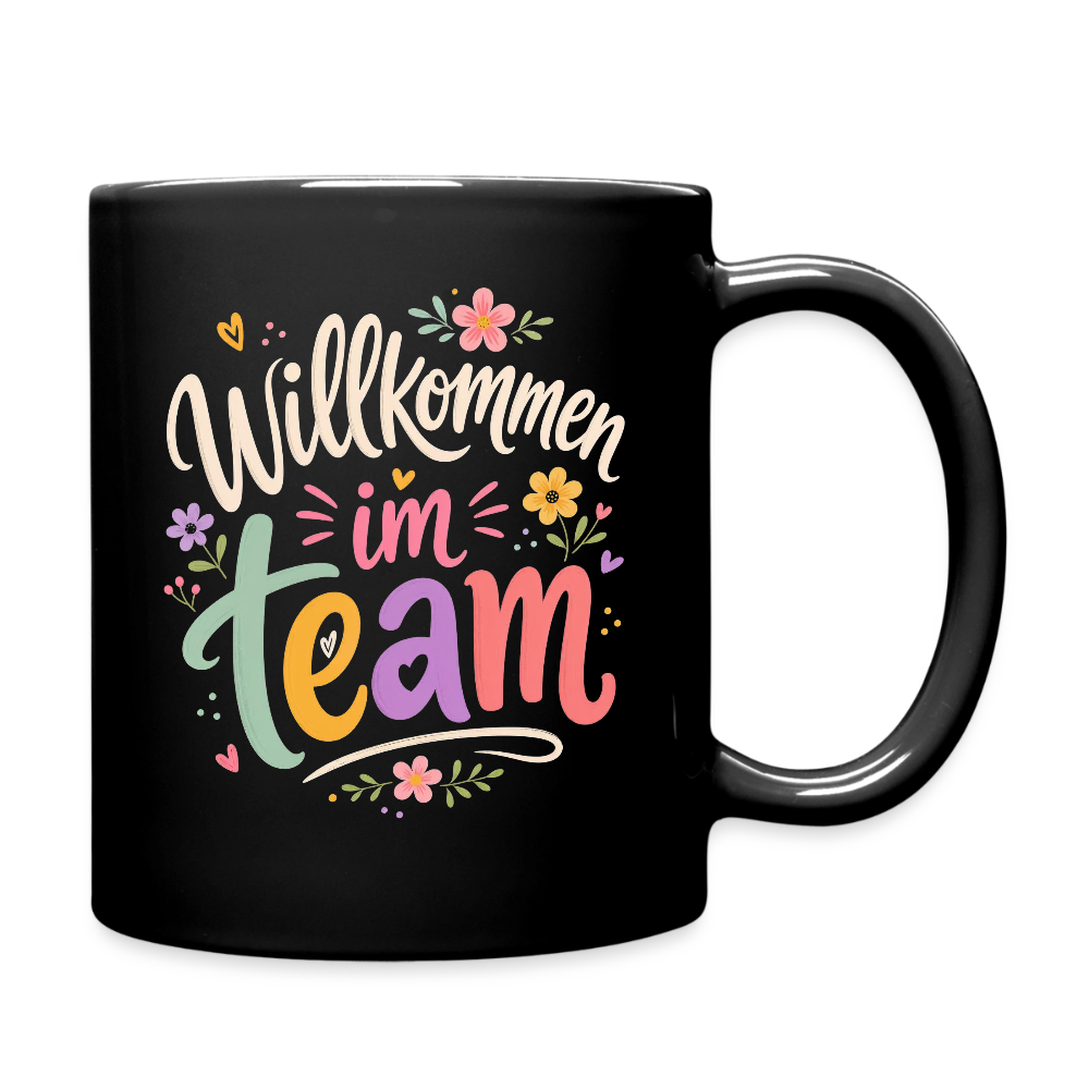 Tasse "Willkommen im Team" (Blumenmotiv) - Schwarz