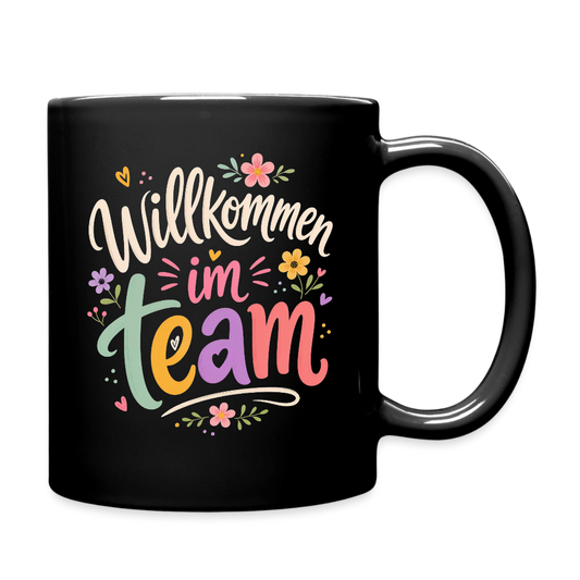 Tasse "Willkommen im Team" (Blumenmotiv) - Schwarz