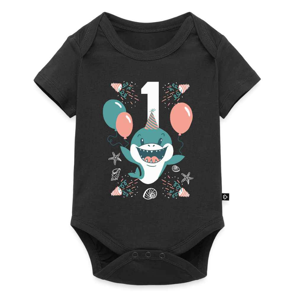 Baby Bio-Kurzarm-Body "Erster Geburtstag" (Hai) - Schwarz