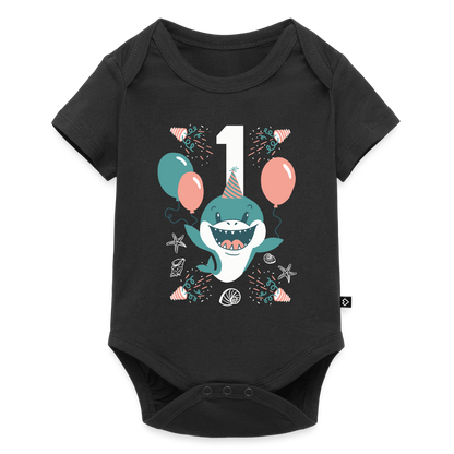 Baby Bio-Kurzarm-Body "Erster Geburtstag" (Hai) - Schwarz