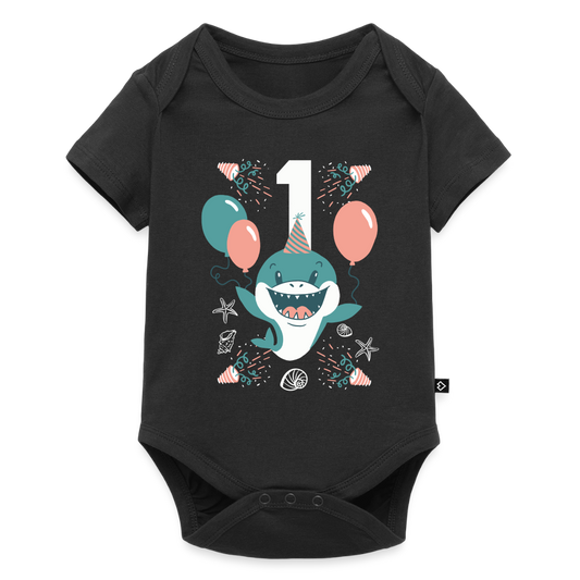 Baby Bio-Kurzarm-Body "Erster Geburtstag" (Hai) - Schwarz