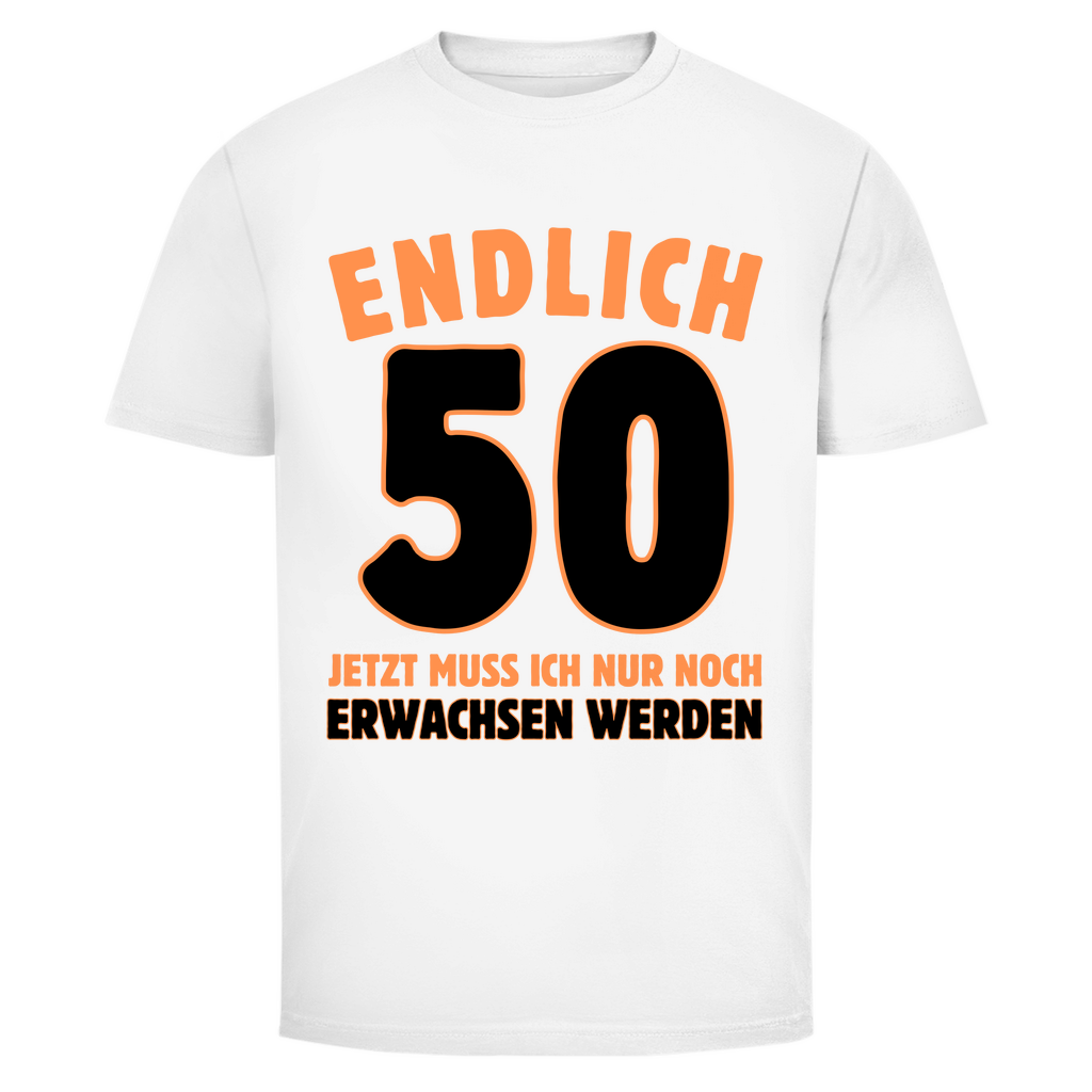 Herren T-Shirt "Endlich 50" (Orangenes Motiv) weiß