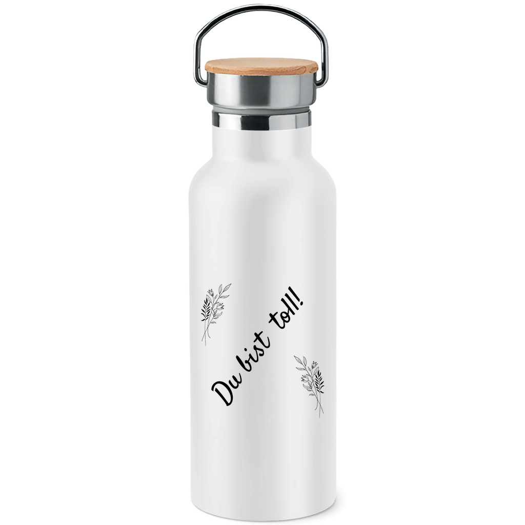 Edelstahl-Trinkflasche mit Bambusdeckel "Du bist toll" (Blumen-Motiv)