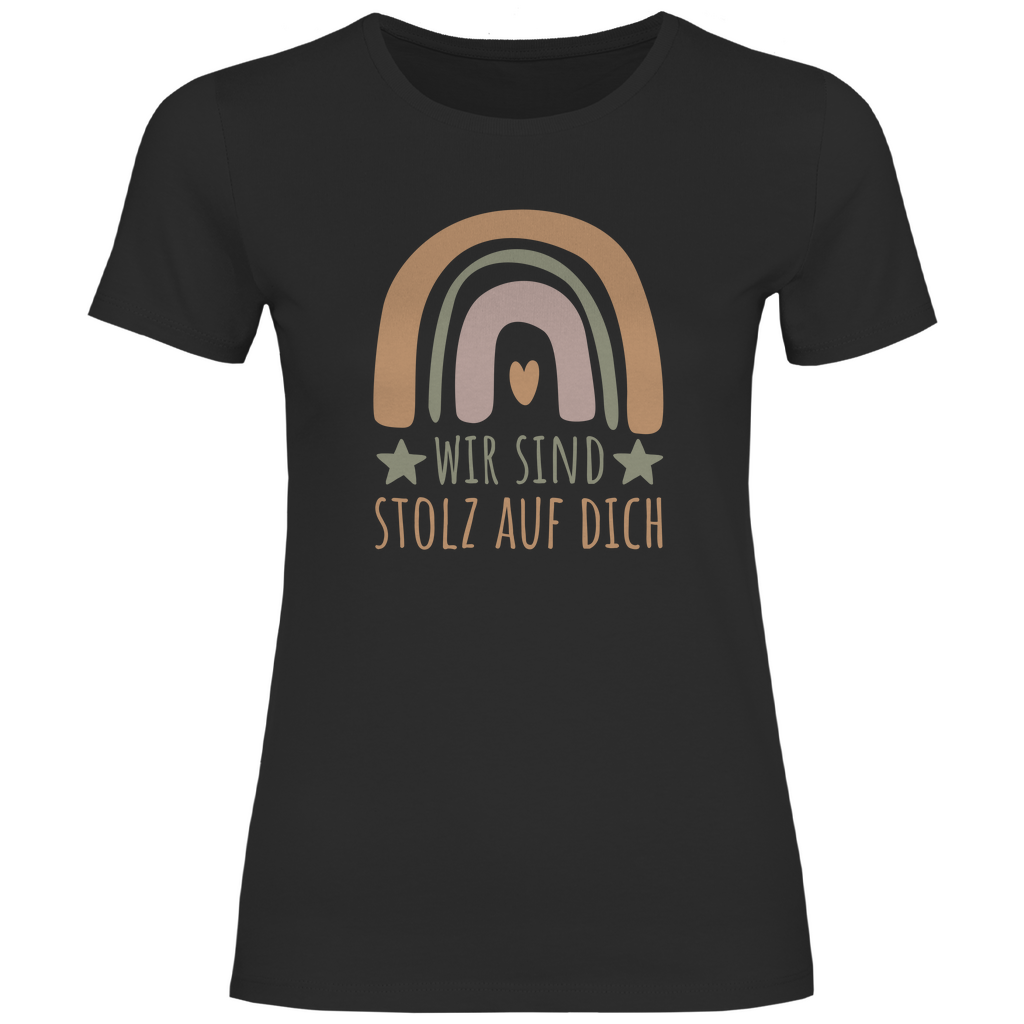 Damen T-Shirt "Wir sind stolz auf dich" (Regenbogen) schwarz