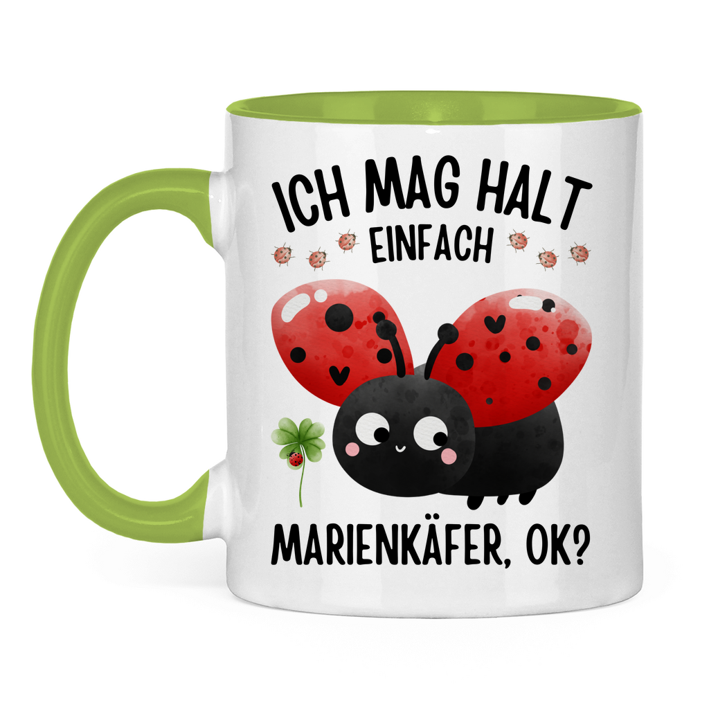 Tasse zweifarbig "Ich mag halt einfach Marienkäfer" hellgrün