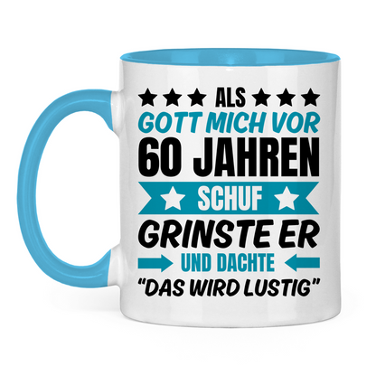 Tasse "Als Gott mich vor 60 Jahren schuf" (Blaues Motiv) weiß/hellblau