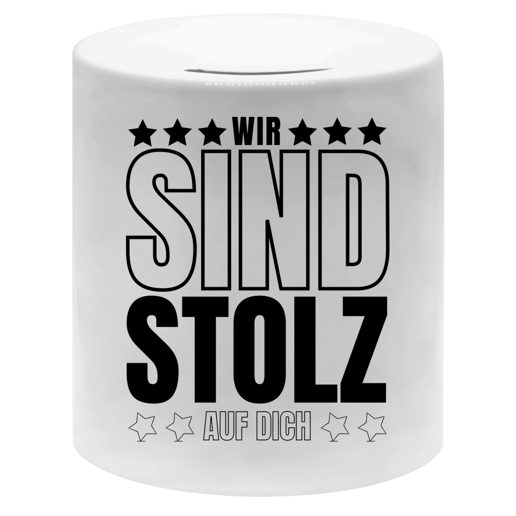 Spardose "Wir sind stolz auf dich" (Sternen-Motiv)