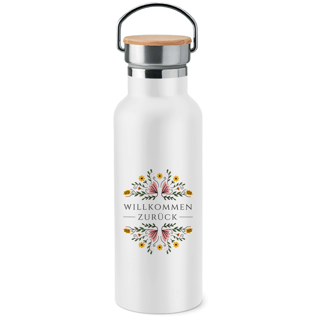 Edelstahl-Trinkflasche mit Bambusdeckel "Willkommen zurück" (Blumenmotiv)