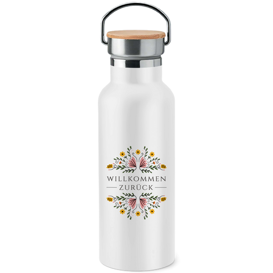 Edelstahl-Trinkflasche mit Bambusdeckel "Willkommen zurück" (Blumenmotiv)