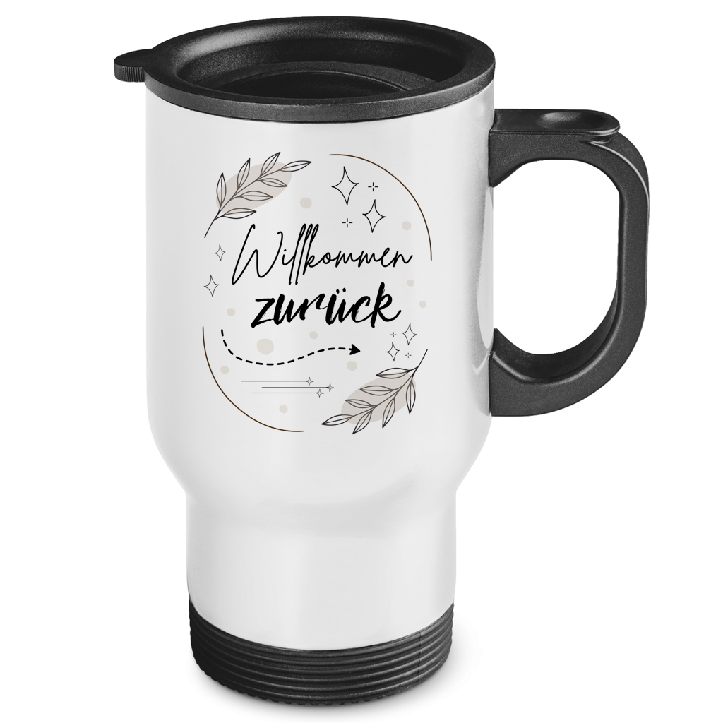 Edelstahl-Thermobecher "Willkommen zurück" (Sterne-Blumen)