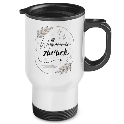 Edelstahl-Thermobecher "Willkommen zurück" (Sterne-Blumen)
