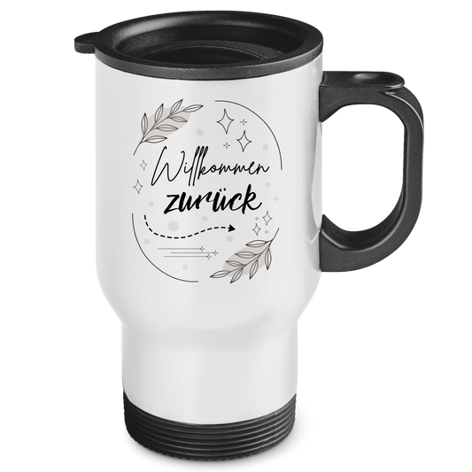 Edelstahl-Thermobecher "Willkommen zurück" (Sterne-Blumen)