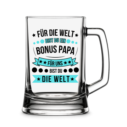 Bierkrug "Für die Welt bist du ein Bonus Papa, für uns bist du die Welt"