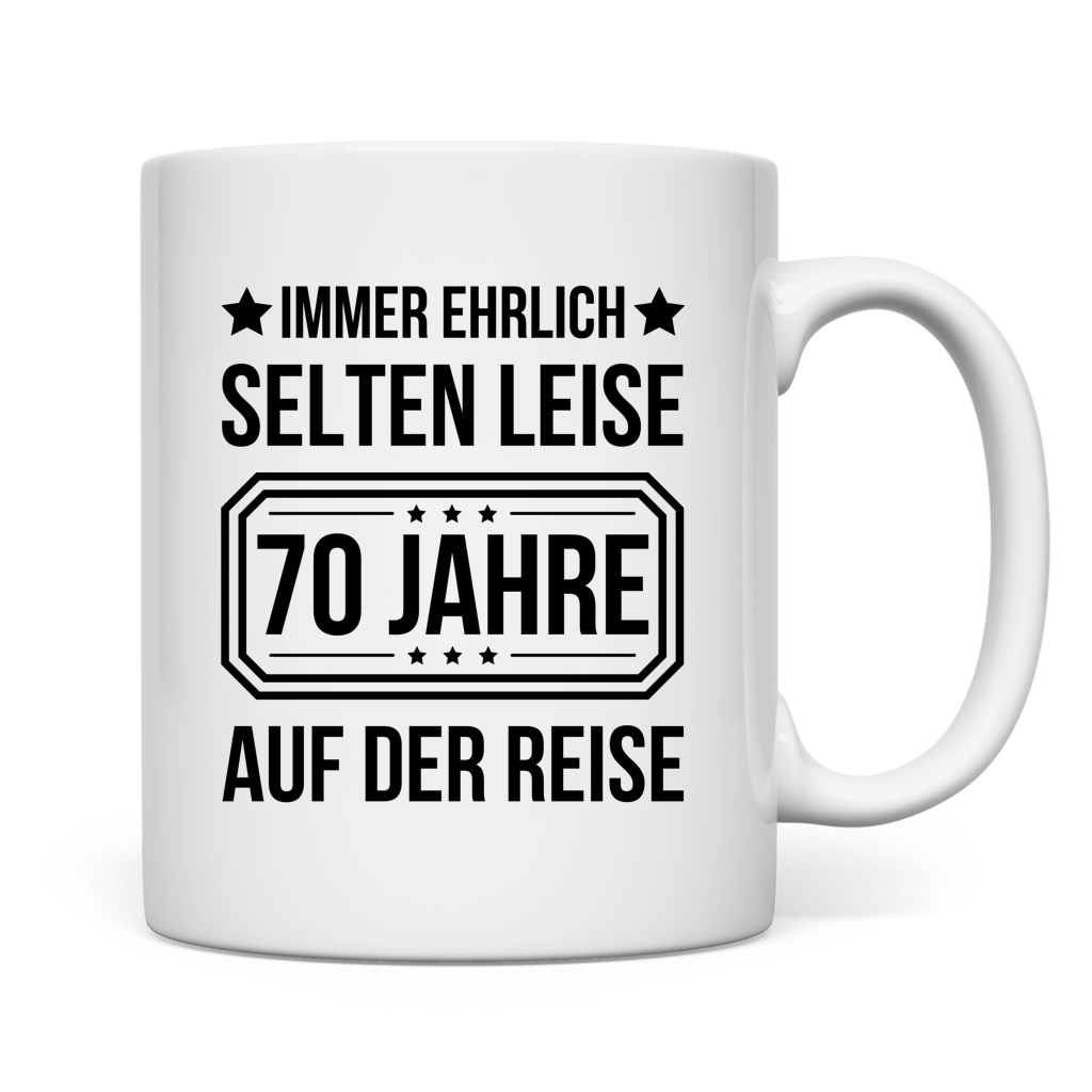 Tasse "Immer ehrlich, selten leise, 70 Jahre auf der Reise" weiß rückseite