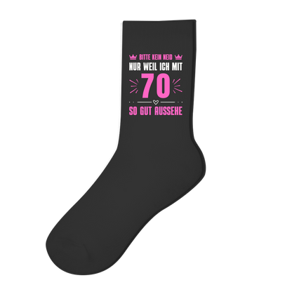 Socken "Bitte kein Neid, nur weil ich mit 70" (Pinkes Motiv) schwarz