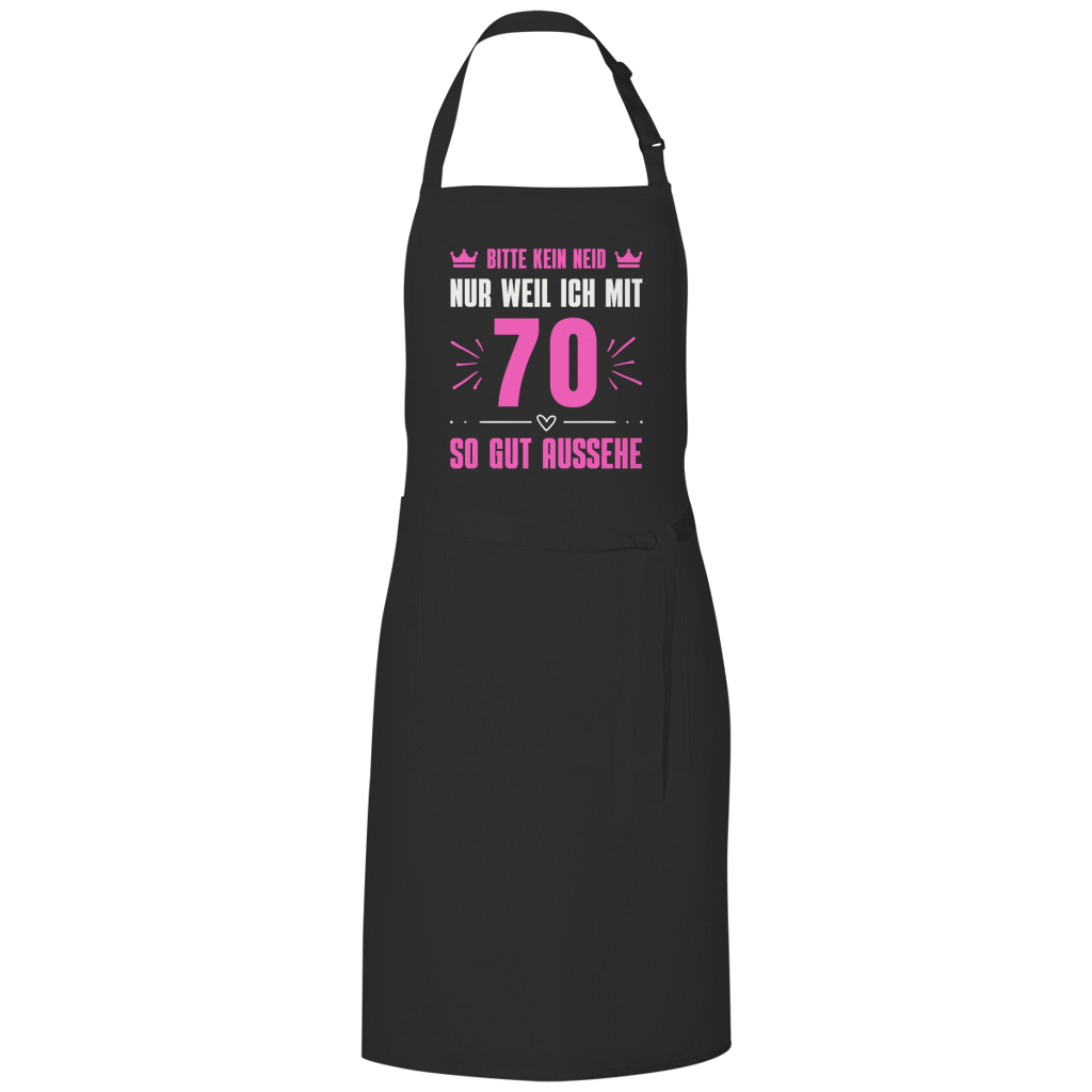 Grillschürze "Bitte kein Neid, nur weil ich mit 70" (Pinkes Motiv) schwarz