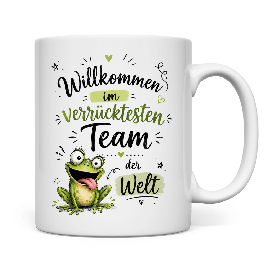Tasse "Willkommen im verrücktesten Team" (Frosch) Rückseite