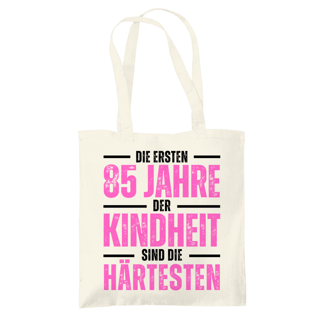 Tragetasche "Die ersten 85 Jahre der Kindheit" (Pinkes Motiv)