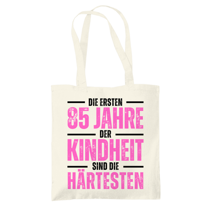 Tragetasche "Die ersten 85 Jahre der Kindheit" (Pinkes Motiv)