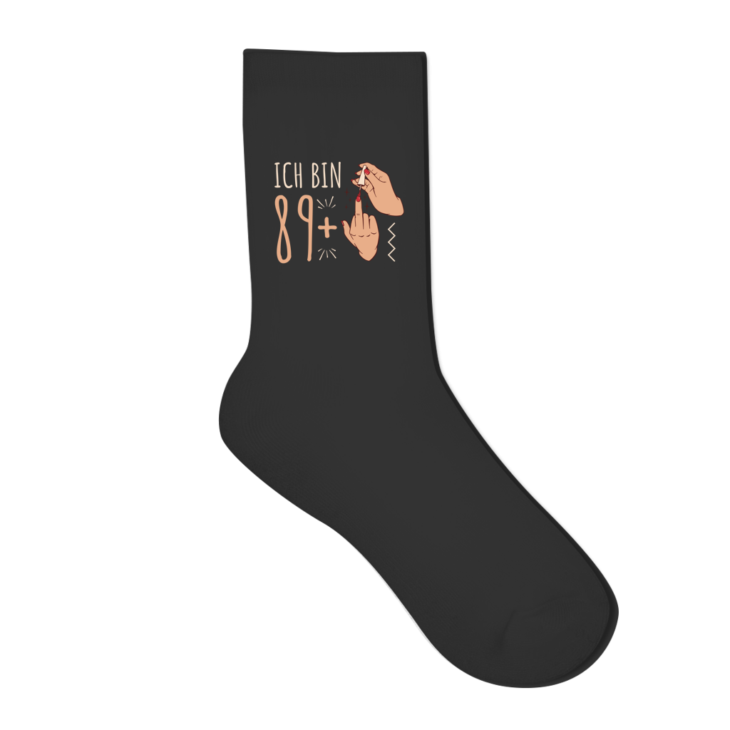 Socken 90. Geburtstag "Ich bin 89 plus lackierter Mittelfinger" Rückseite