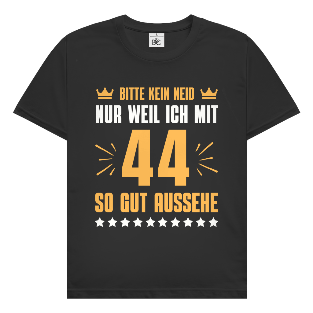 Herren T-Shirt "Bitte kein Neid, nur weil ich mit 44" (Orangenes Motiv) schaz