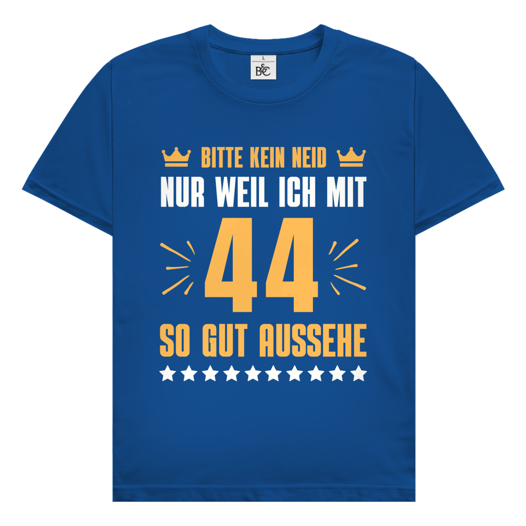 Herren T-Shirt "Bitte kein Neid, nur weil ich mit 44" (Orangenes Motiv) Royal blau