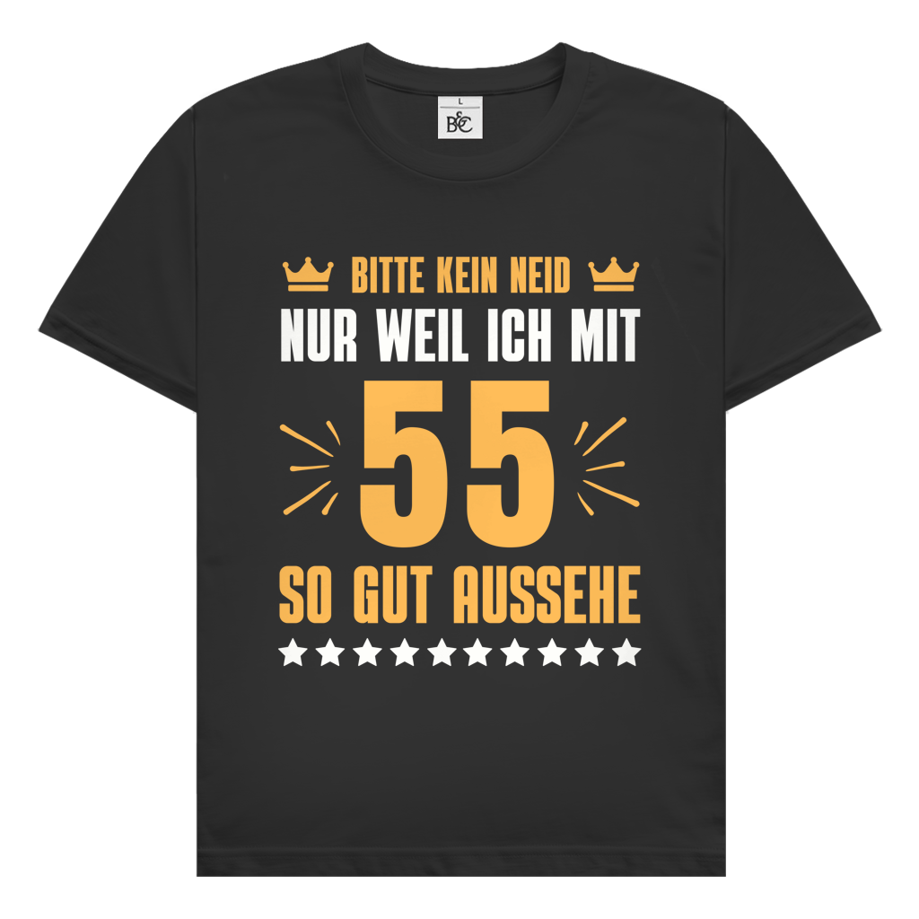 Herren T-Shirt "Bitte kein Neid, nur weil ich mit 55" (Orangenes Motiv) schwarz