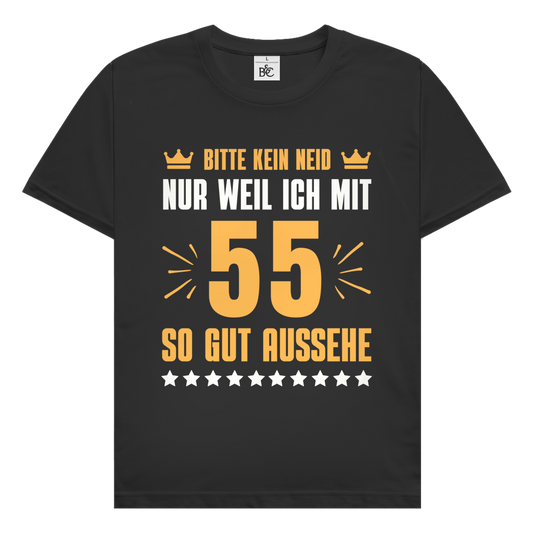 Herren T-Shirt "Bitte kein Neid, nur weil ich mit 55" (Orangenes Motiv) schwarz