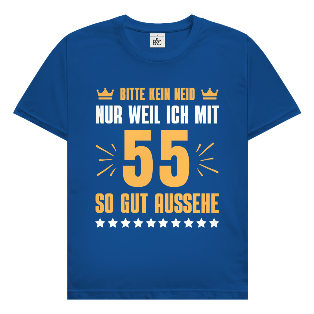 Herren T-Shirt "Bitte kein Neid, nur weil ich mit 55" (Orangenes Motiv) royal blau