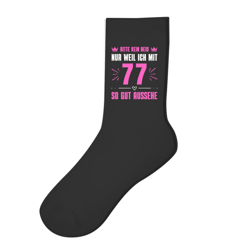 Socken "Bitte kein Neid, nur weil ich mit 77" (Pinkes Motiv)
