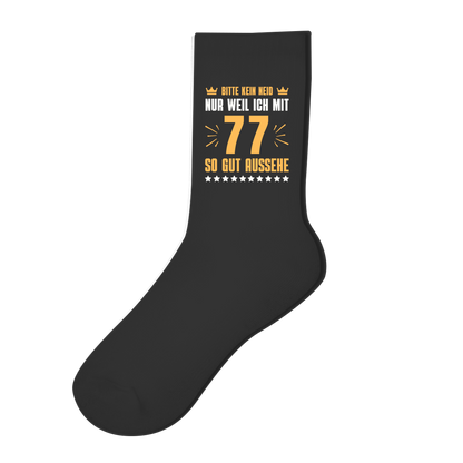 Socken "Bitte kein Neid, nur weil ich mit 77" (Orangenes Motiv)