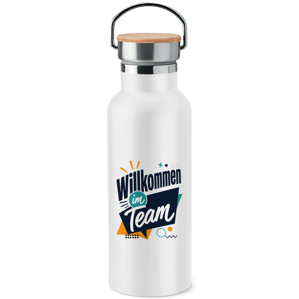 Edelstahl-Trinkflasche mit Bambusdeckel "Willkommen im Team" (Modern)