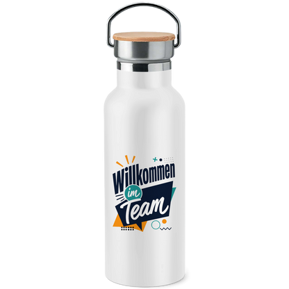 Edelstahl-Trinkflasche mit Bambusdeckel "Willkommen im Team" (Modern)