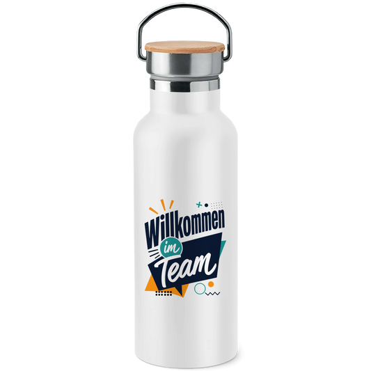 Edelstahl-Trinkflasche mit Bambusdeckel "Willkommen im Team" (Modern)