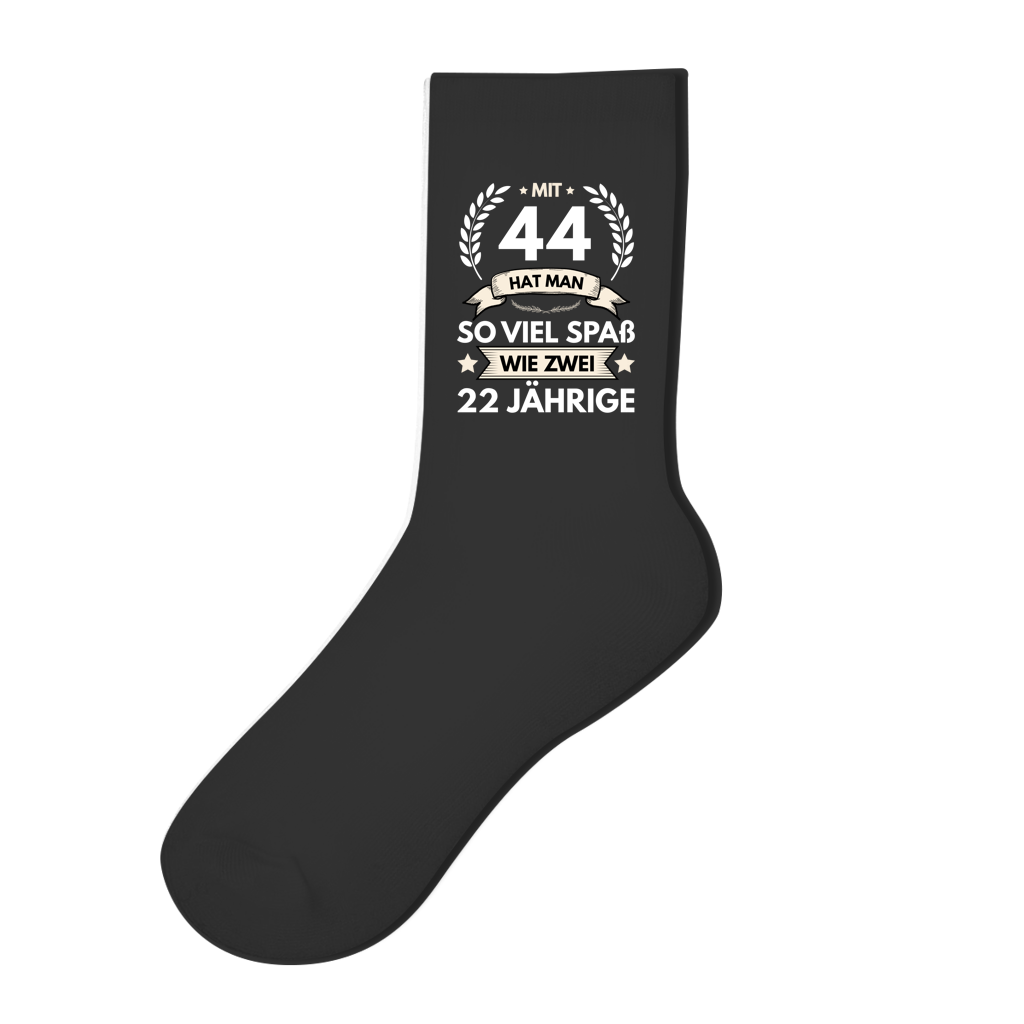 Socken "Mit 44 hat man so viel Spaß wie zwei 22 Jährige" 