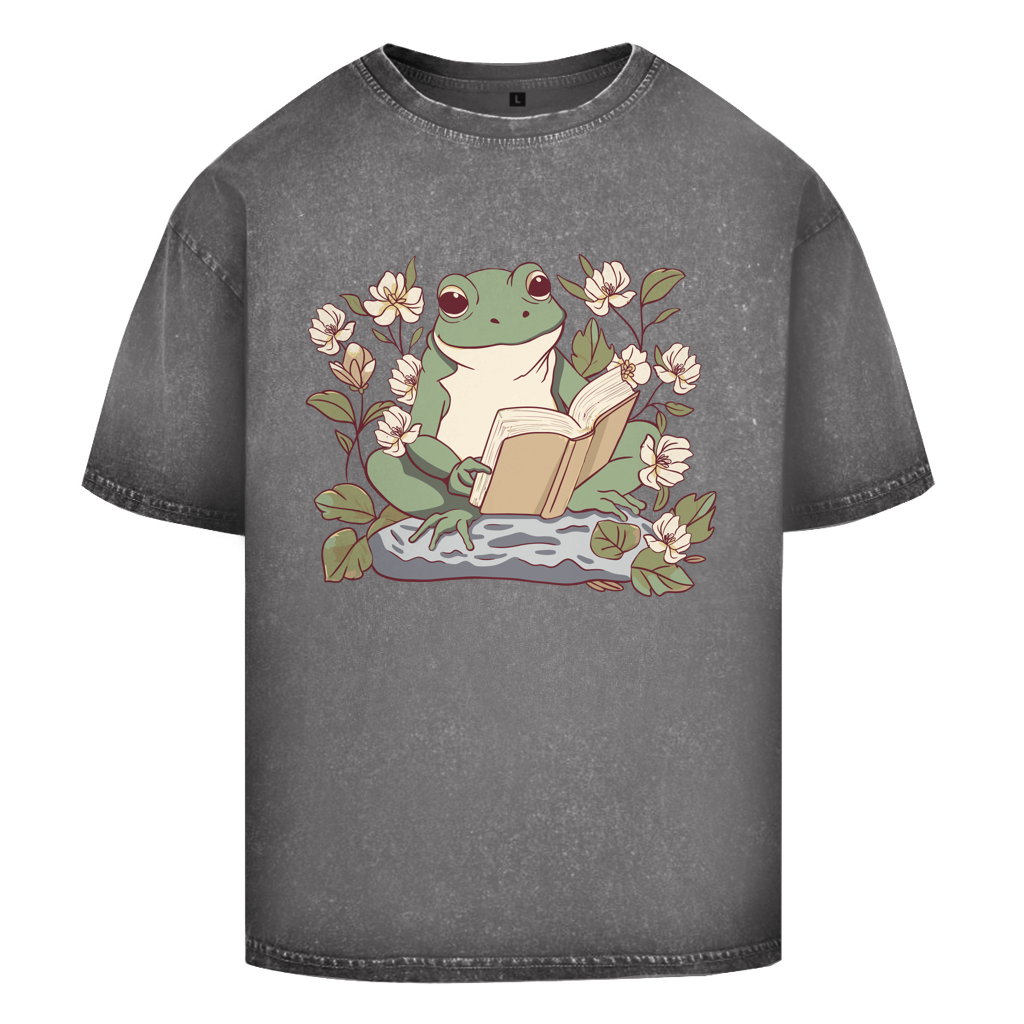 Oversize Washed T-Shirt "Frosch liest Buch"