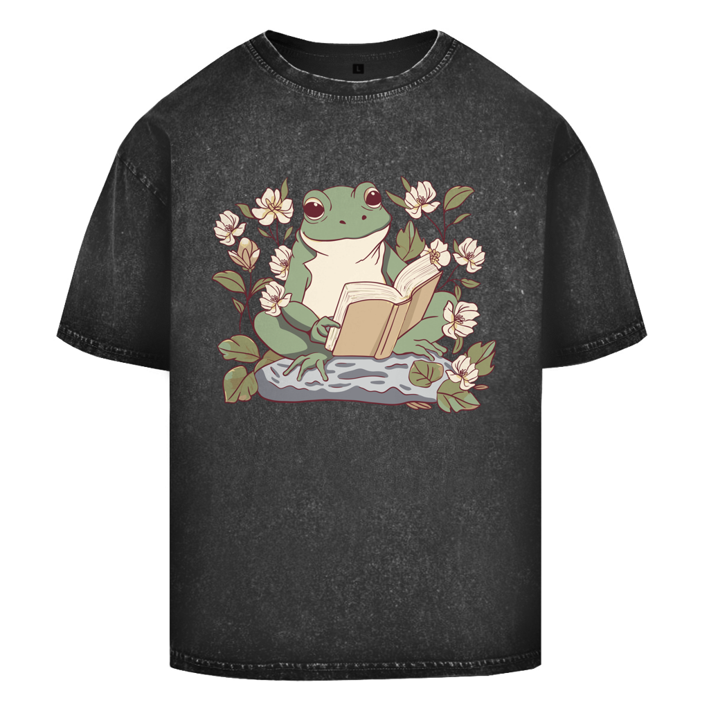 Oversize Washed T-Shirt "Frosch liest Buch"