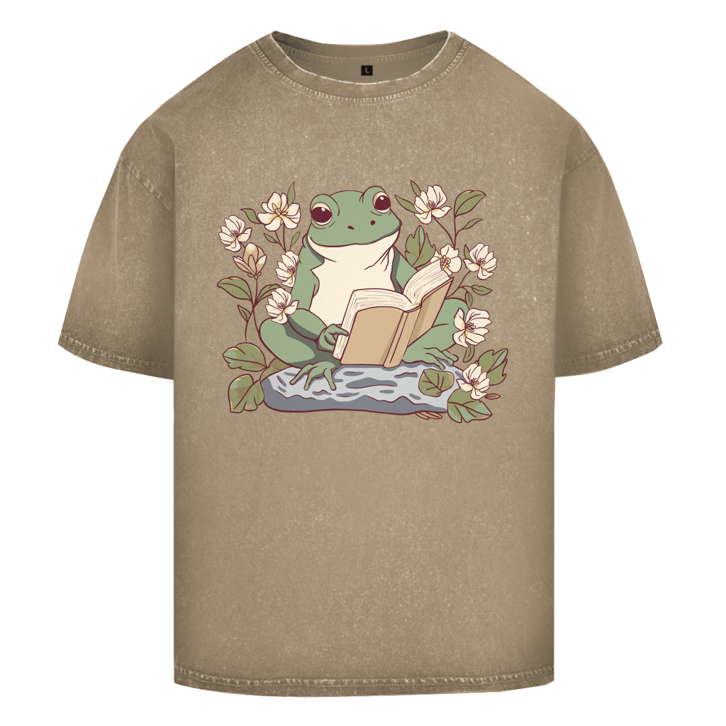 Oversize Washed T-Shirt "Frosch liest Buch"