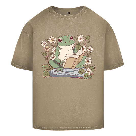 Oversize Washed T-Shirt "Frosch liest Buch"