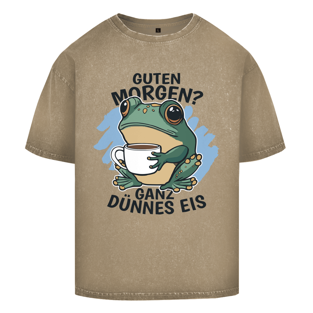 Oversize Washed T-Shirt "Guten Morgen? Ganz dünnes Eis!" (Froschmotiv)