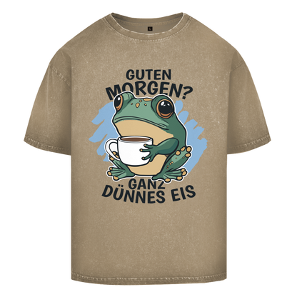Oversize Washed T-Shirt "Guten Morgen? Ganz dünnes Eis!" (Froschmotiv)