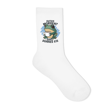 Socken "Guten Morgen? Ganz dünnes Eis!" (Froschmotiv) Rückseite