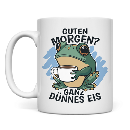 Tasse "Guten Morgen? Ganz dünnes Eis!" (Froschmotiv) Rückseite